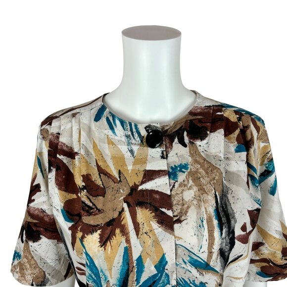 Vintage 80s Dress Women's Medium Artsy Brown Blue Fit And Flare Belted - Picture 4 of 11